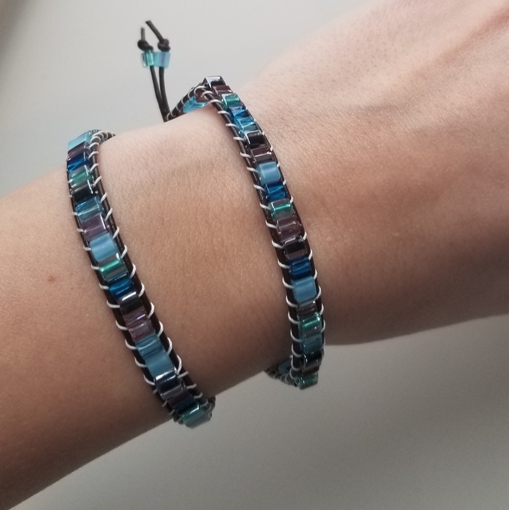 Hand crafted glass bead and leather bracelet